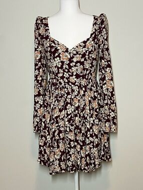 Altar'd State Maroon Floral Long Sleeve Dress Color: WineTasting Womens Size M